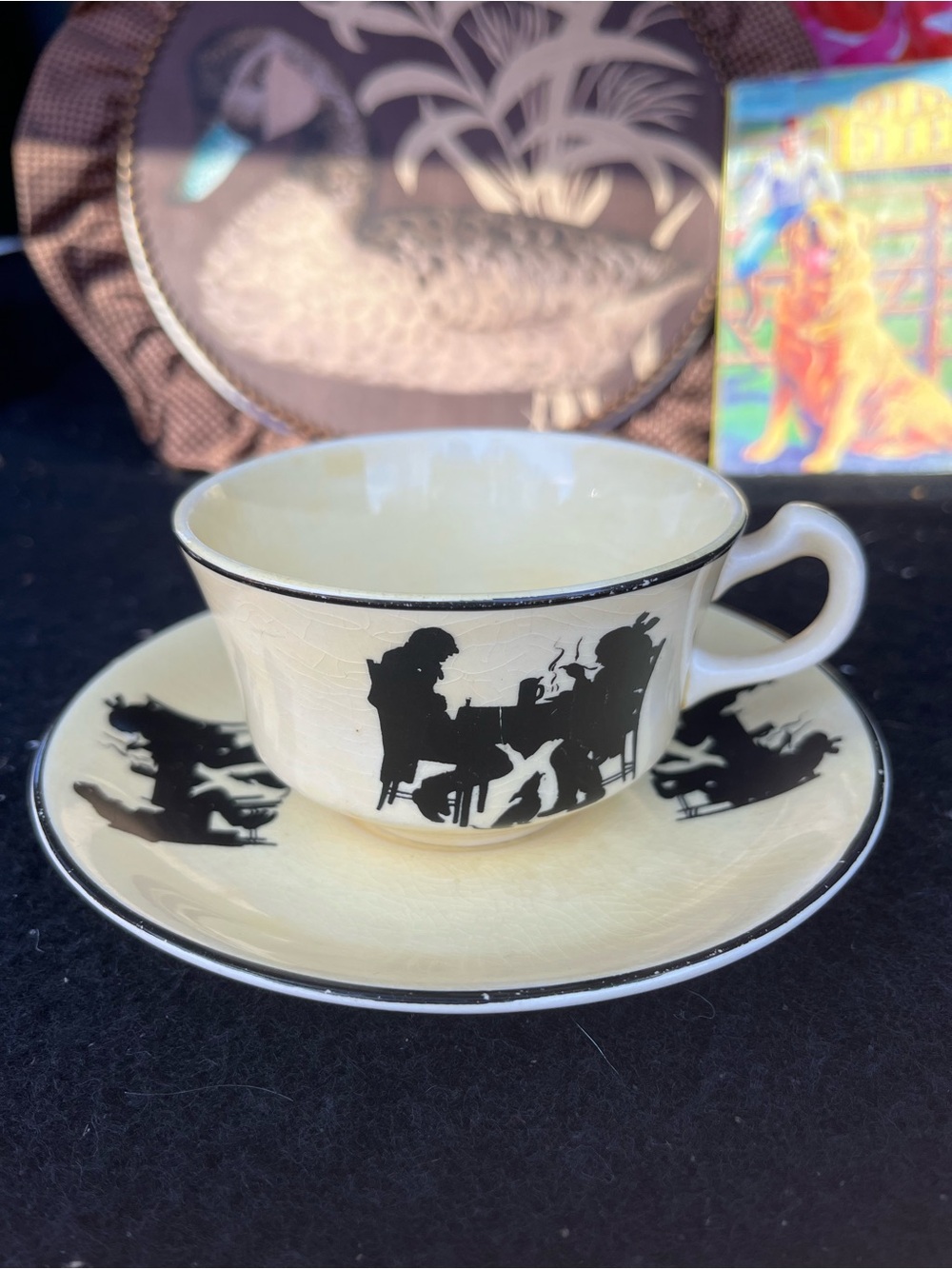 Yellow & Black Silhouette Tea Cup and Saucer - Vintage